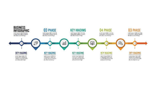 An infographic vector depicts a business timeline with five phases marked by circles and connecting lines, providing a visual representation of progress and sequential steps in a project