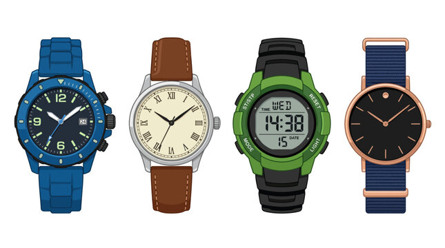 Set of diverse men's wristwatches including sport, classic, digital, and minimalist styles in cartoon illustration