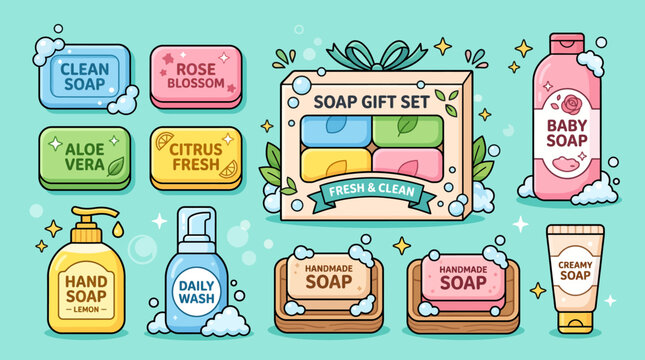 Comprehensive organic soap collection featuring bar soaps liquid hand wash and baby bath products in a playful cartoon aesthetic