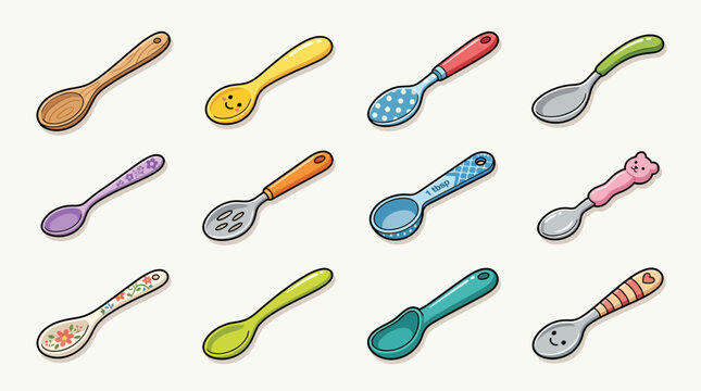 Collection of various colorful kitchen spoons and measuring tools in cute cartoon style