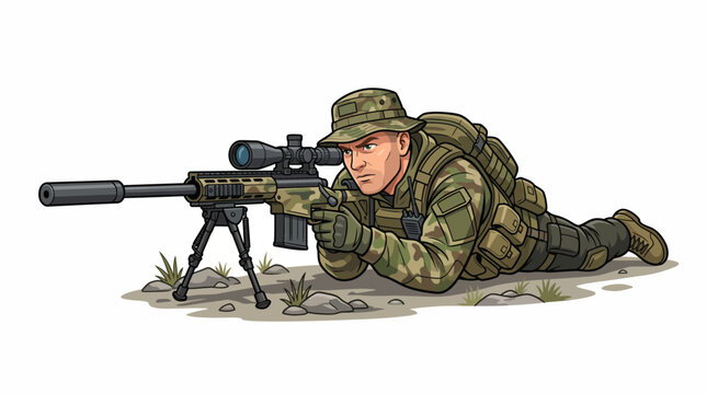 Military sniper in camouflage uniform lying prone and aiming precision rifle with silencer