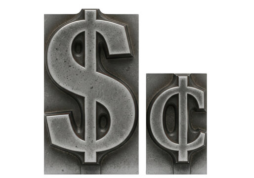 Dollar and cent sign metal letterpress printing blocks isolated on transparent background