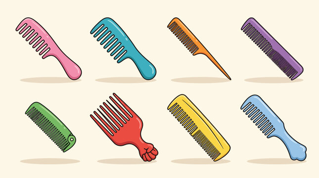 Set of colorful hair comb and brush vector icons in cartoon style