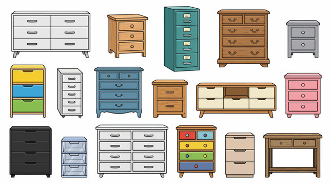 Set of various drawer and cabinet vector icons for home and office furniture