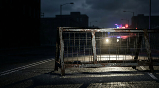 Military patrol vehicle with headlights on during curfew, illuminating a metal barricade on a dark urban street with distant city lights