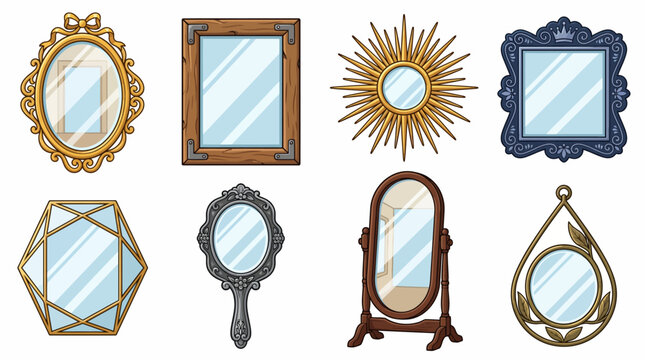 Set of vintage and decorative wall mirror vector illustrations isolated on white background