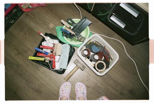 Renovation Tools Laid Out on Floor, Overhead Film Photo