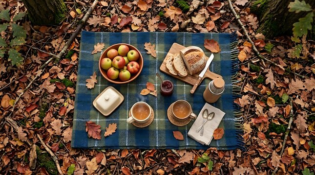 A presenter stands in front on a picnic blanket with food and drinks
