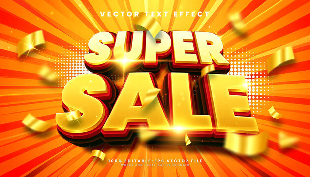 Bright and eyecatching super sale text effect with golden confetti explosion background design