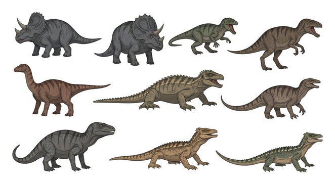 Collection of various dinosaur species illustration.