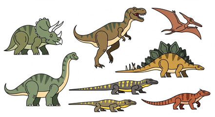 Collection of diverse prehistoric dinosaur species illustrations. © paramita