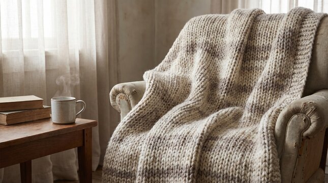 Warm knitted blanket texture in neutral tones