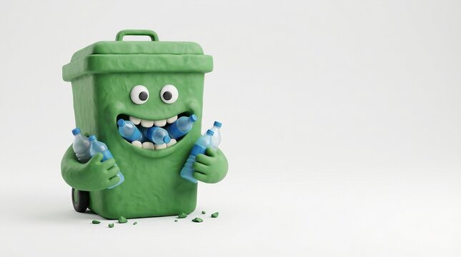 3D green recycle bin eating plastic bottles