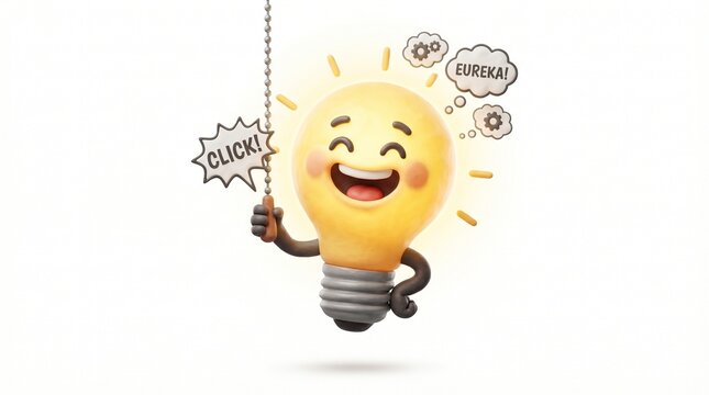 3D cartoon lightbulb switching itself on happy
