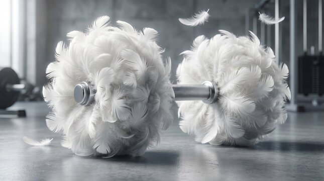 Surreal gym dumbbell made of white feathers