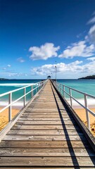 Fototapeta premium Long wooden pier extends toward the horizon under a bright blue sky dotted with puffy white clouds, over turquoise water