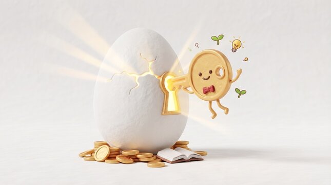 3D golden key unlocking white egg