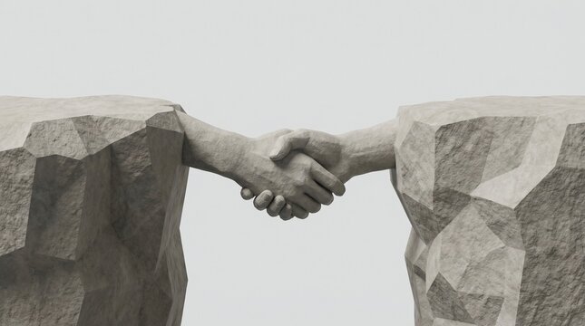 Minimalist 3D render bridge formed by two giant hands shaking between cliffs