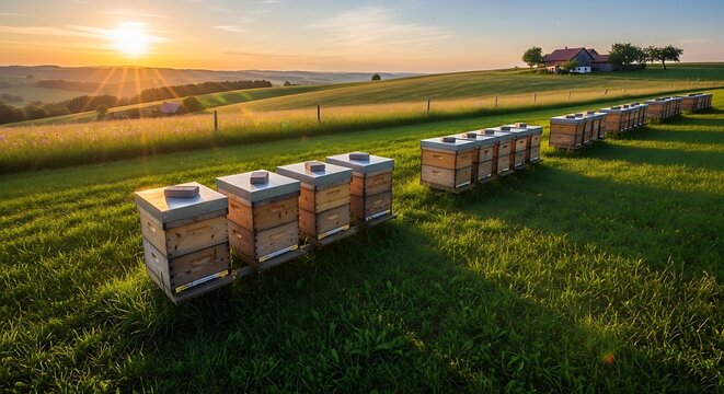 Golden sunset illuminates a rural apiary with rows of wooden beehives situated on a lush green hillside overlooking rolling farmlands under a clear sky creating a tranquil natural landscape