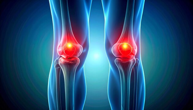 A medical anatomical digital illustration of two human knees viewed from the front. The skeletal structure, including femur, tibia, and patella, is visible through semi-transparent legs. Both knee joi