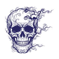 Fototapeta premium Blue skull with swirling smoke tendrils on white background