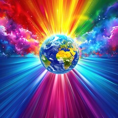 Naklejka premium A vibrant and colorful illustration of the Earth with a rainbow background