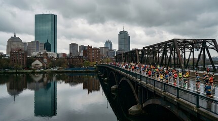 Obraz premium Determined marathon runners compete in a challenging long-distance race, making their way across an iconic steel bridge.