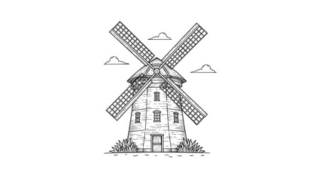 Obraz premium Detailed black and white line drawing of a traditional Dutch windmill standing in a rural field under a cloudy sky.