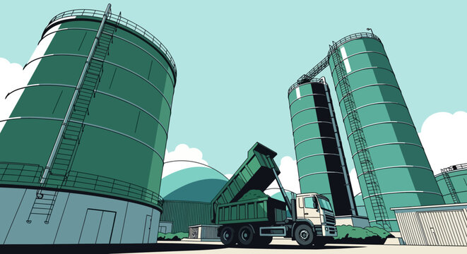 A large industrial facility featuring towering green silos and a heavy-duty dump truck, illustrating modern processing and storage operations under a clear sky.