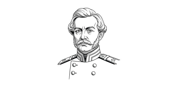 Detailed line art portrait of a military officer with mustache and epaulettes on a white background illustration.