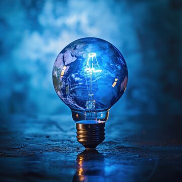 A glowing blue light bulb with a miniature Earth inside representing innovative ideas for a sustainable future