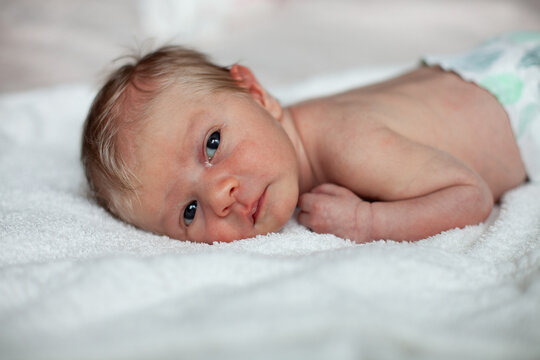 Awake Newborn Baby Lying on Soft White Blanket