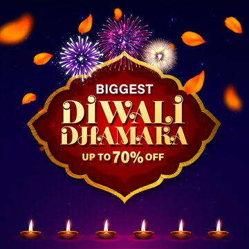 Vibrant diwali dhamaka sale banner with fireworks and diya lamps celebration theme design