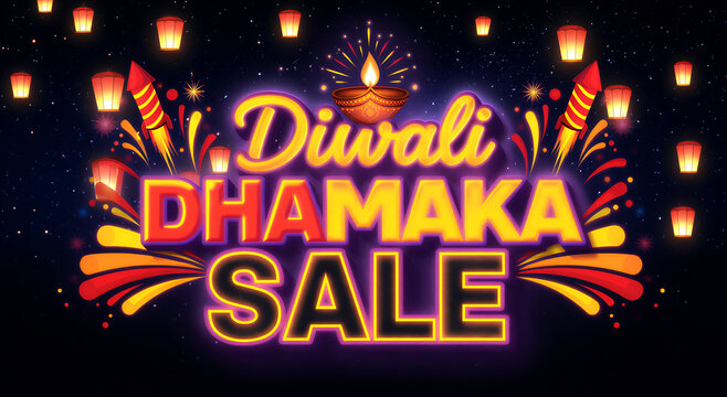 Vibrant diwali dhamaka sale poster with fireworks and diya lamp celebration design template