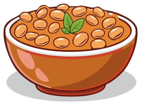 Bowl of baked beans with herbs, cartoon style illustration