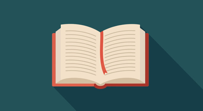 Open Book with Red Bookmark Flat Design Long Shadow