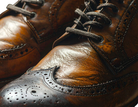 Close-up of detailed wingtip brogue leather dress shoes