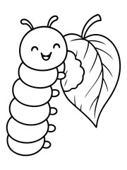 Fototapeta premium Smiling Caterpillar and Leaf: A cheerful cartoon caterpillar happily munches on a large green leaf, rendered in a simple and clean style.