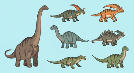 Collection of various prehistoric dinosaur species illustrated on a light blue background. © sa