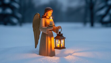 Fototapeta premium Angel Amidst Winter's Embrace: A serene angel figure, gently illuminated by a flickering candle and lantern, stands peacefully in a snowy landscape.