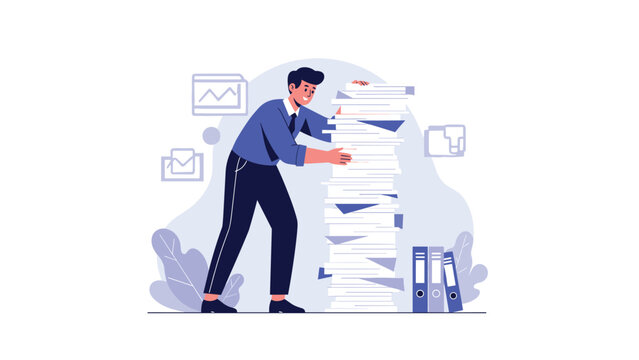 Stressed office worker trying to manage a huge stack of paper documents and folders in a busy corporate workplace.