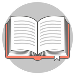 Open book with blank lined pages and a bookmark in a coral cover in a grey circle