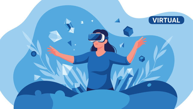 Young woman experiencing virtual reality using a VR headset on a blue abstract background with geometric shapes.