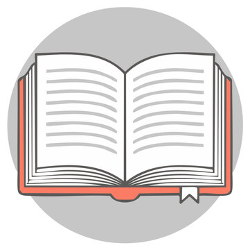 Open book with blank lined pages and a bookmark in a coral cover in a grey circle