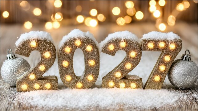 Illuminated golden numbers depicting the year two thousand twenty-seven rest in fresh snow with festive ornaments