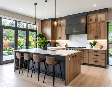 Modern kitchen with island, light wood cabinets, and a large window offering an outdoor view. Featuring a range hood
