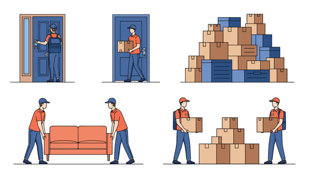 Multi part illustration showing professional movers and delivery staff handling cardboard boxes and a sofa in various scenes.