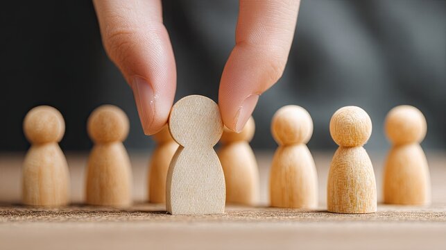 Human hand carefully selects one wooden person figure from a line of identical figures