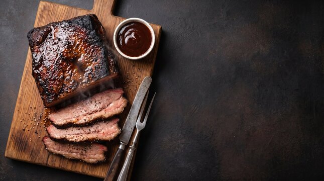 Traditional smoked wagyu beef brisket whole and sliced on rustic cutting board