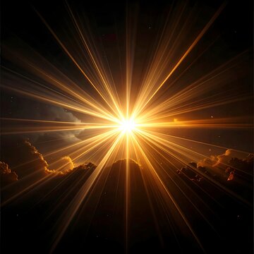 A bright sun shines through clouds in a dark sky
